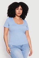 Womens Plus Size Basic Ribbed Knit Seamless Top, Blue, Size 1X-2X