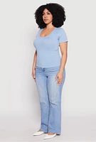 Womens Plus Size Basic Ribbed Knit Seamless Top, Blue, Size 2X-3X