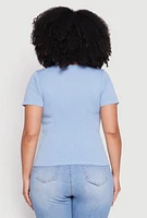 Womens Plus Size Basic Ribbed Knit Seamless Top, Blue, Size 2X-3X