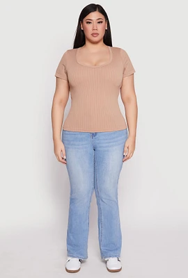 Womens Plus Basic Ribbed Knit Seamless Top, 2X-3X
