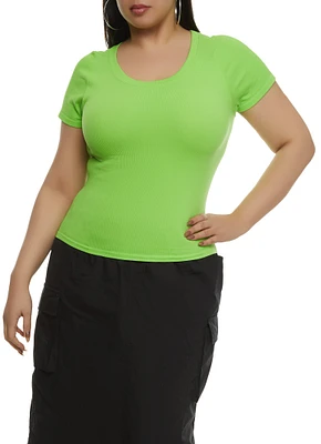 Womens Plus Size Ribbed Crew Neck T Shirt, Green, Size 1X-2X