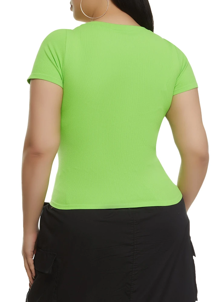 Womens Plus Size Ribbed Crew Neck T Shirt, Green, Size 2X-3X