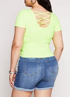 Womens Plus Size Criss Cross Back Short Sleeve Tee, Green, Size 1X-2X