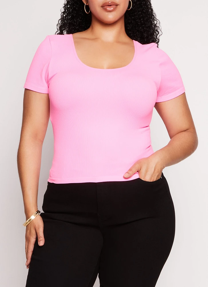 Womens Plus Size Criss Cross Back Short Sleeve Tee, Pink, Size 1X-2X
