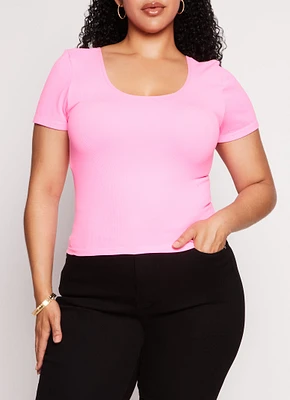 Womens Plus Size Criss Cross Back Short Sleeve Tee, Pink, Size 1X-2X
