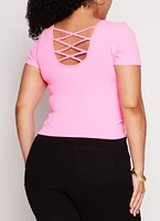 Womens Plus Size Criss Cross Back Short Sleeve Tee, Pink, Size 1X-2X