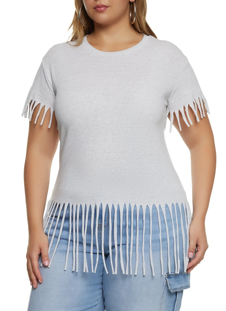 Womens Plus Size Fringe Crew Neck T Shirt, White, Size 1X