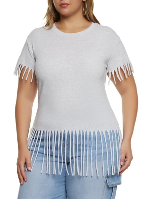 Womens Plus Size Fringe Crew Neck T Shirt, White, Size 1X