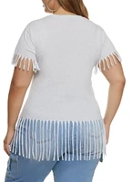 Womens Plus Size Fringe Crew Neck T Shirt, White, Size 1X