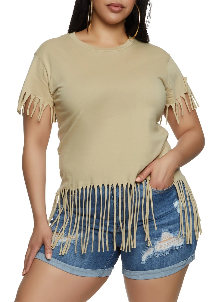 Womens Plus Fringe Crew Neck T Shirt, 1X