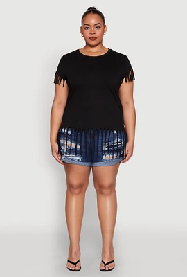 Womens Plus Fringe Tee, Black,