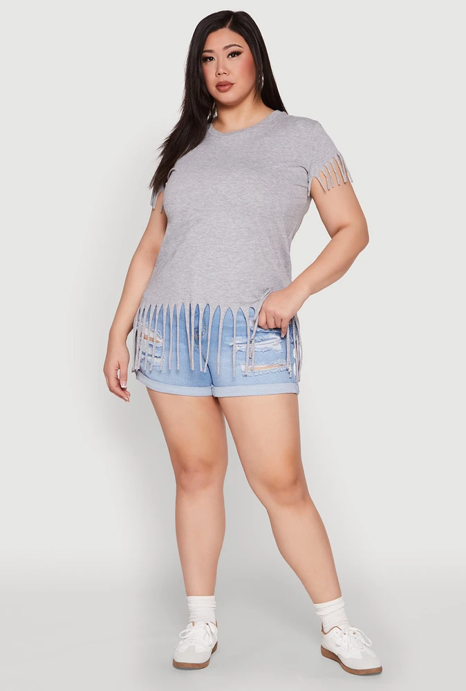 Womens Plus Size Fringe Tee, Grey, Size 3X