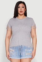 Womens Plus Size Fringe Tee, Grey, Size 3X