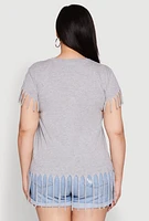 Womens Plus Size Fringe Tee, Grey, Size 3X