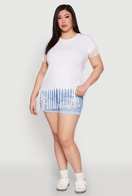 Womens Plus Size Fringe Tee, White, Size 1X