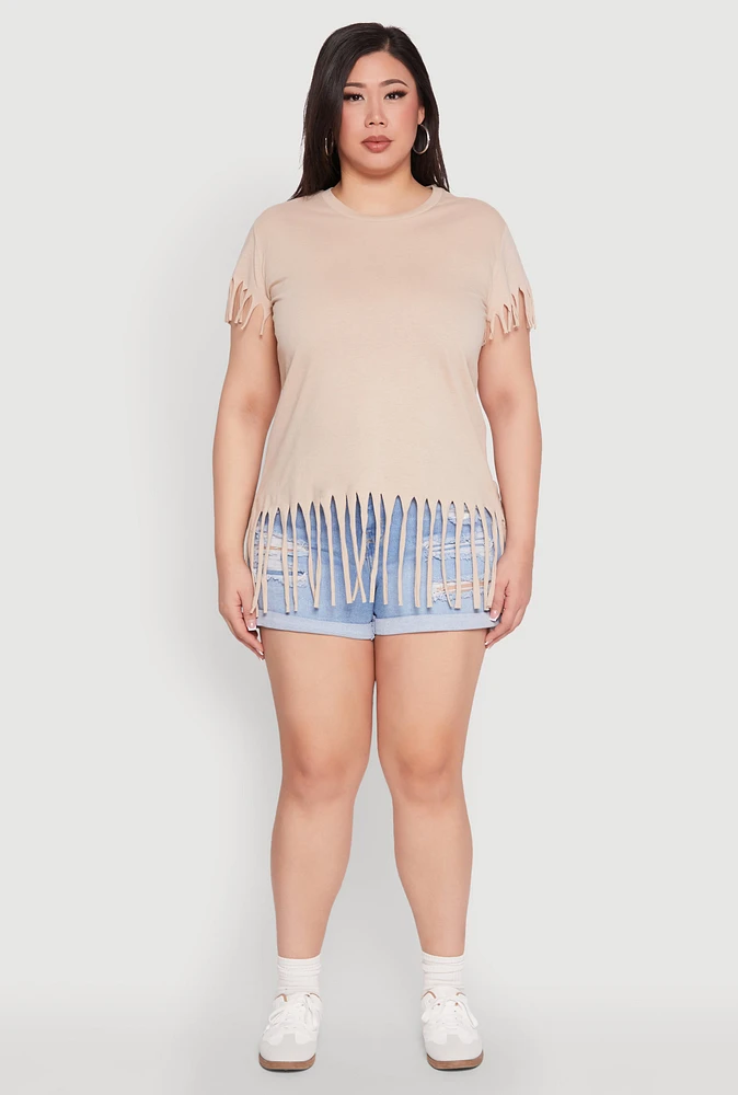 Womens Plus Fringe Trim Tee, Beige,