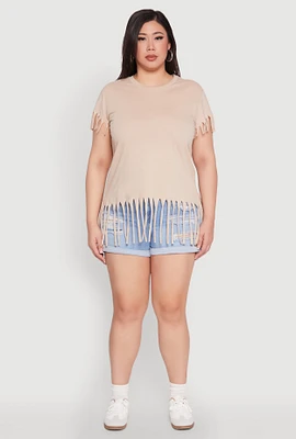 Womens Plus Fringe Trim Tee, Beige,