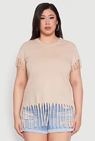 Womens Plus Fringe Trim Tee, Beige,