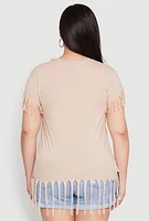 Womens Plus Fringe Trim Tee, Beige,