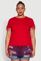 Womens Plus Fringe Trim Tee, Red,