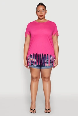 Womens Plus Size Fringe Trim Tee, Pink, Size 1X