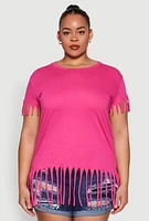 Womens Plus Size Fringe Trim Tee, Pink, Size 1X