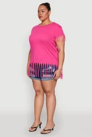 Womens Plus Size Fringe Trim Tee, Pink, Size 1X