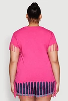 Womens Plus Size Fringe Trim Tee, Pink, Size 1X