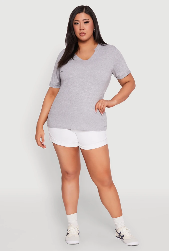 Womens Plus Size Notch Neck Basic Tee, Grey, Size 3X