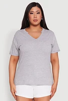 Womens Plus Size Notch Neck Basic Tee, Grey, Size 3X