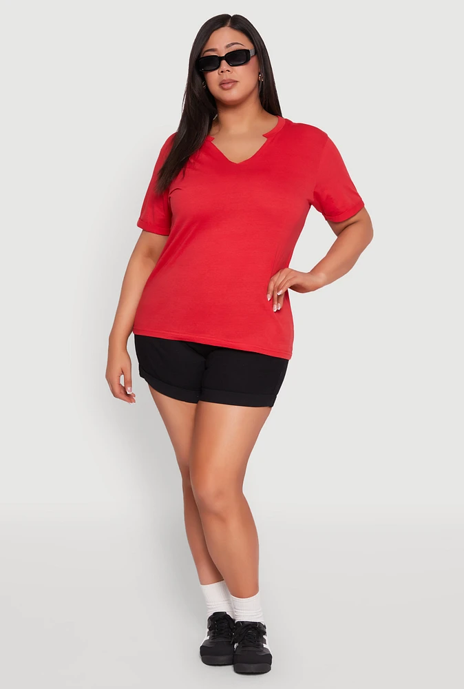 Womens Plus Size Notch Neck T Shirt, Red, Size 1X