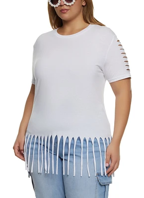 Womens Plus Size Laser Cut Fringe Hem Tee, White, Size 1X