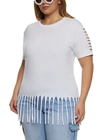 Womens Plus Size Laser Cut Fringe Hem Tee, White, Size 1X