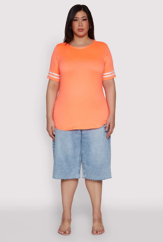 Womens Plus Varsity Stripe Sleeve Tee, Orange,