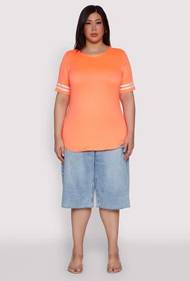 Womens Plus Varsity Stripe Sleeve Tee, Orange,