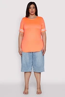 Womens Plus Varsity Stripe Sleeve Tee, Orange,