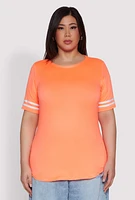 Womens Plus Size Varsity Stripe Sleeve Tee, Orange, Size 2X