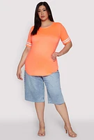 Womens Plus Varsity Stripe Sleeve Tee, Orange,