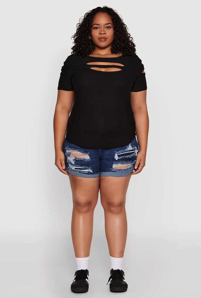 Womens Plus Cut Out Crew Neck Tee,