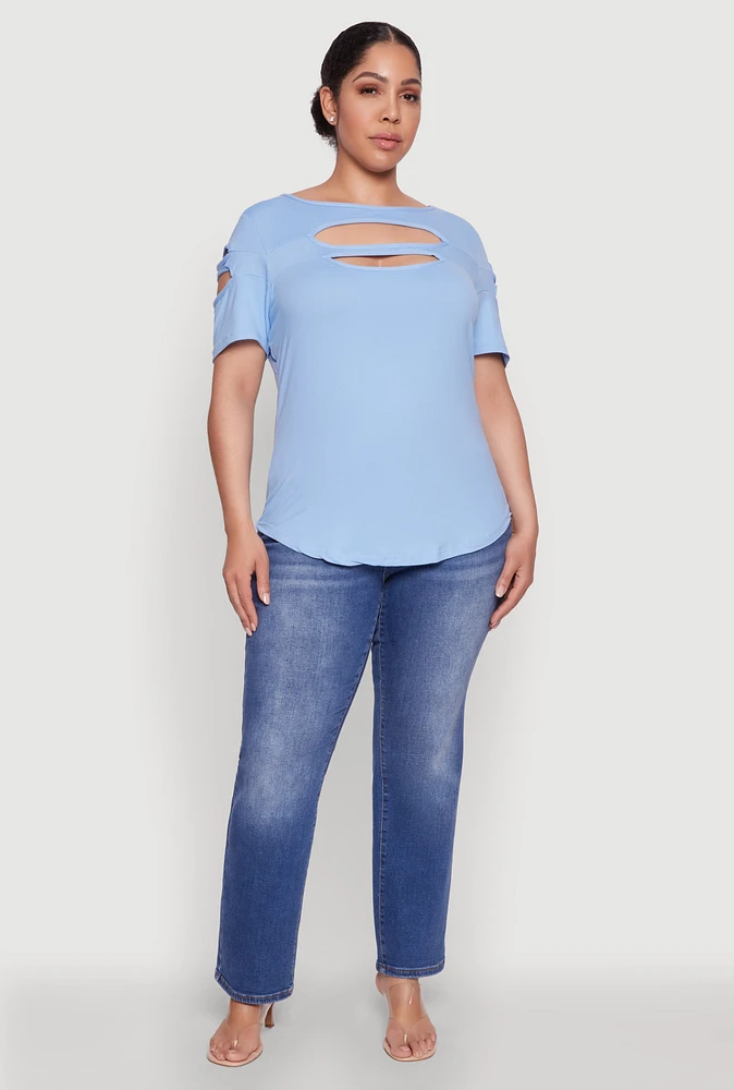 Womens Plus Size Cut Out Tee, Blue, Size 3X
