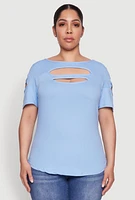 Womens Plus Size Cut Out Tee, Blue, Size 3X