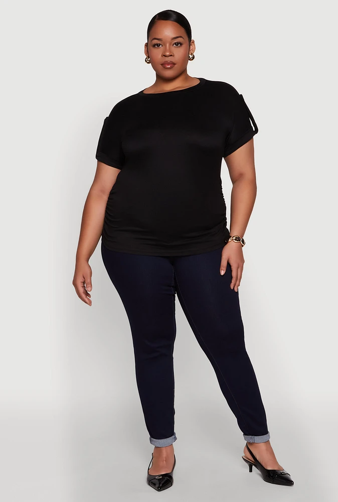 Womens Plus Ruched Tabbed Short Sleeve Top,