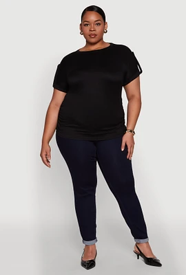 Womens Plus Ruched Tabbed Short Sleeve Top,