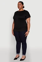 Womens Plus Ruched Tabbed Short Sleeve Top, Black,