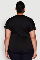 Womens Plus Ruched Tabbed Short Sleeve Top,