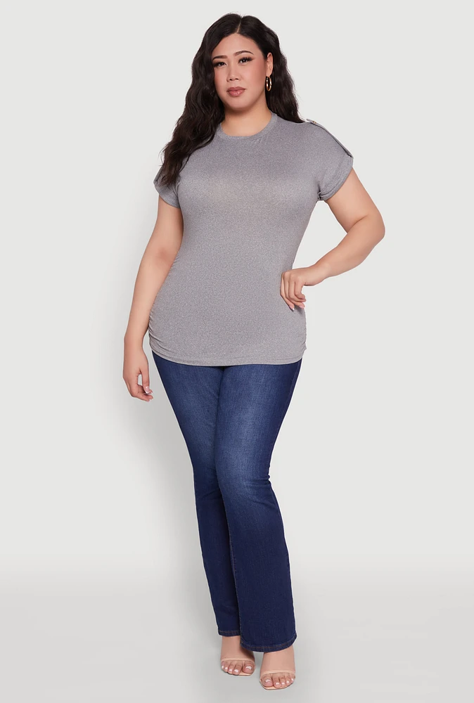 Womens Plus Size Ruched Tabbed Short Sleeve Top, Grey, Size 2X