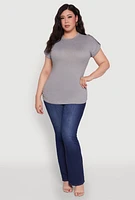 Womens Plus Size Ruched Tabbed Short Sleeve Top, Grey, Size 2X