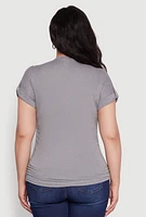 Womens Plus Size Ruched Tabbed Short Sleeve Top, Grey, Size 2X