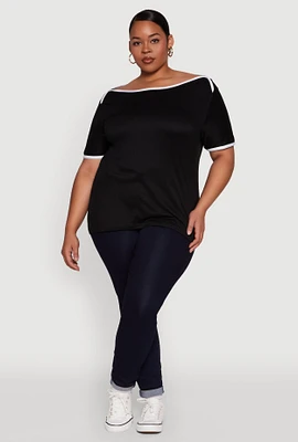 Womens Plus Contrast Trim Short Sleeve Top,
