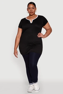 Womens Plus Ruched Contrast Trim Notch Neck Top,